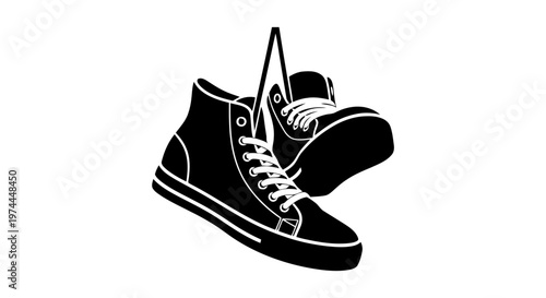 Vector illustration of vector illustration of a pair of hanging high top sneakers on a transparent background