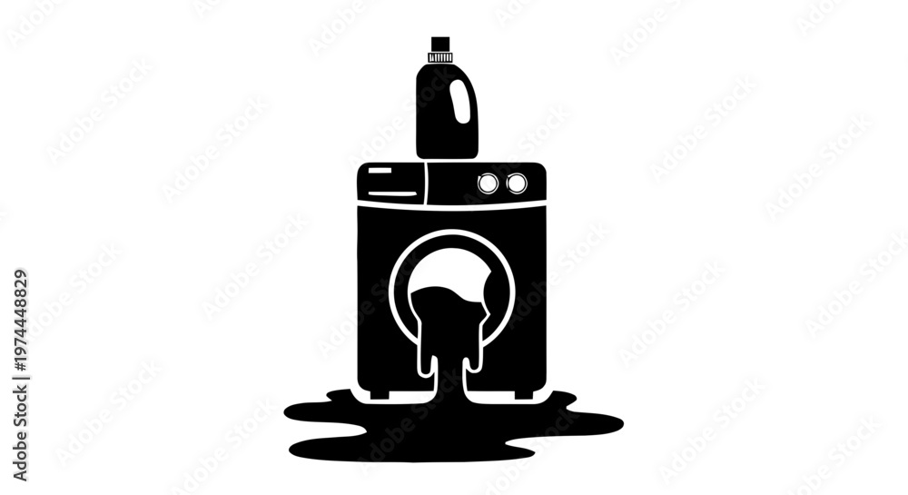 Obraz premium Vector illustration of washing machine with detergent bottle and leaking liquid spill icon on a transparent background