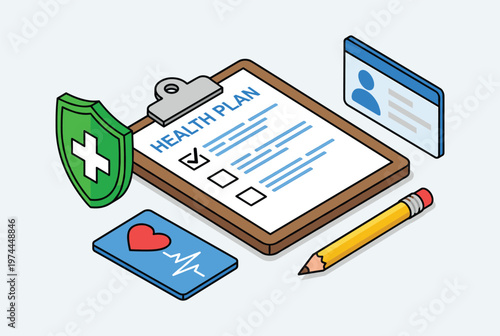 Isometric vector illustration of a health plan document, medical insurance card, and shield, representing healthcare protection and wellness.