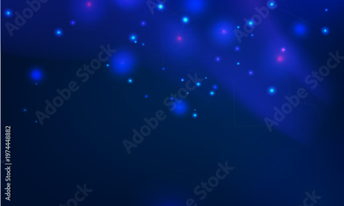 Abstract dark blue background with glowing particles and light rays creating a mystical atmosphere for digital technology and presentations.
