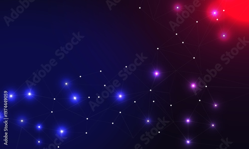 Abstract dark background with glowing blue purple and red connected dots forming a digital network representing big data connectivity.
