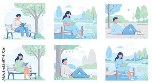 Collection of peaceful illustrations showing individuals relaxing and reading books in a park, on benches, near water, and under trees.