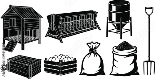 Black-and-white farm illustration featuring chicken coop, feeding trough, water tank, wooden crate, egg box, grain sacks, and pitchfork representing animal care, storage, and rural agriculture