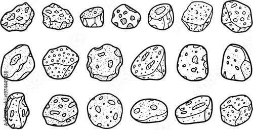 Black and White Line Art Asteroids and Meteorites for Space Exploration