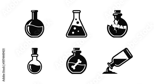 Vector illustration of set of potion bottle icons, vector illustration of magic chemical flasks on a transparent background