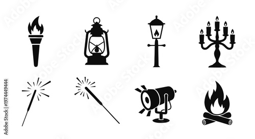 Vector illustration of set of light sources and fire icons on a transparent background