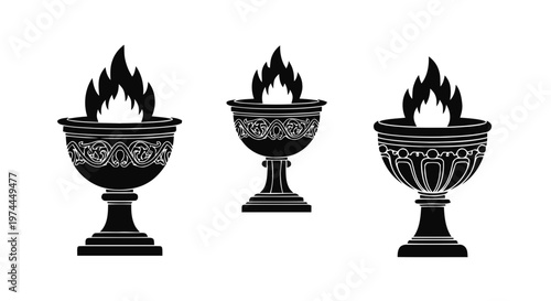Vector illustration of set of three antique chalices with fire flames on a transparent background