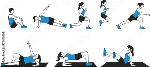 Comprehensive Fitness Illustration Set Featuring Various Bodyweight Exercises for Strength, Cardio, and Flexibility Training