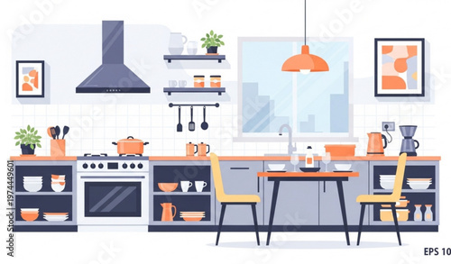Modern Kitchen Interior Scene – Flat Vector Illustration with Furniture and Decor Elements