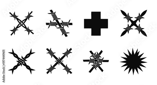 Vector illustration of set of barbed wire icons and abstract geometric shapes on a transparent background