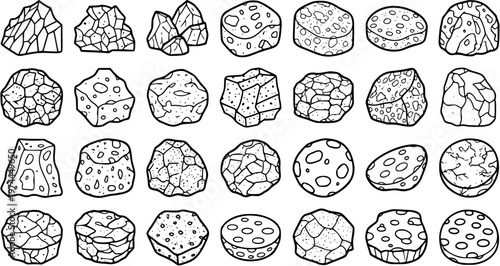 Geology Rocks  Minerals Vector Set. Hand-Drawn Black  White Line Art Collection of Stone, Ore, Asteroid Fragments for Earth Science  Game Design
