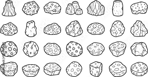 Black  White Line Art Cartoon Rocks, Stones, Meteorites  Minerals Collection. Hand-drawn vector set for Science, Geology, Gaming, Education.