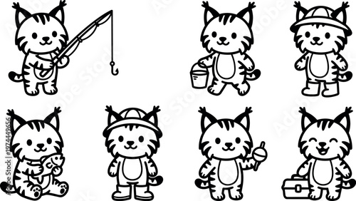 Black and white line art cats fishing with rod bucket and tackle box vector