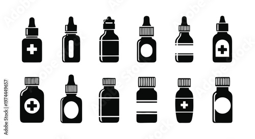 Vector illustration of set of medical dropper bottles and medicine containers icons on a transparent background