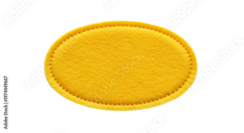 Yellow oval felt patch with stitched border on transparent background.