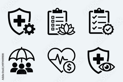 Modern health, medical, and insurance vector icons for protection, wellness, and financial planning. Clean, simple design