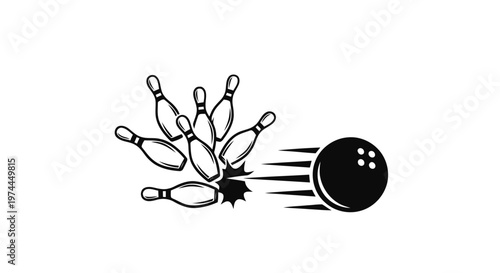 Vector illustration of bowling ball hitting pins on a transparent background
