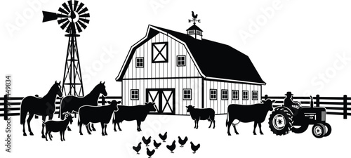 Black-and-white farm silhouette illustration featuring barn, windmill, tractor, livestock animals, chickens, and rural agricultural structures representing traditional farming lifestyle and count
