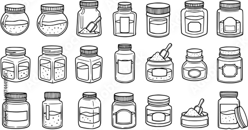 Black and White Line Art Jars and Bottles Collection. Hand-drawn Outline Set of Food, Spice, Medicine, and Supplement Containers. Vector Storage Icon Pack.