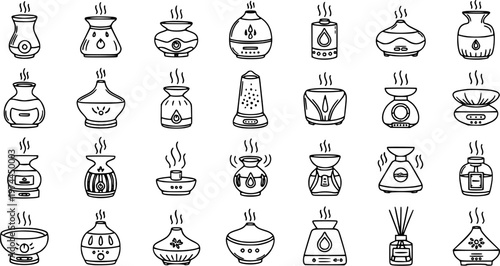 Wellness  Aromatherapy Black  White Line Art Icon Set featuring Essential Oil Diffusers, Aroma Burners, and Home Fragrance Devices.