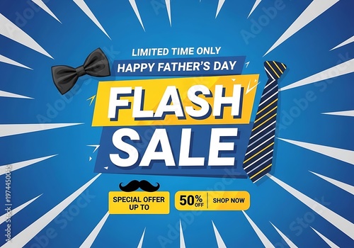 Father's Day flash sale banner with bow tie and gift box on blue radial background