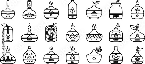 Aromatherapy Diffusers Line Art Icons Set. Collection of Essential Oil Humidifiers and Aroma Devices for Wellness, Spa, and Home Industry.
