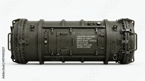 Military Green Industrial Storage Tank Isolated on White Background, Heavy Duty Cylindrical Pressure Container Equipment with Metallic Texture and Technical Details