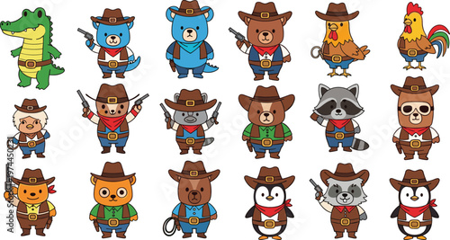 Cute Animal Cowboy Character Set Featuring Wild West Costumes with Hats Boots and Sheriff Elements for Cartoon Illustration and Kids Design