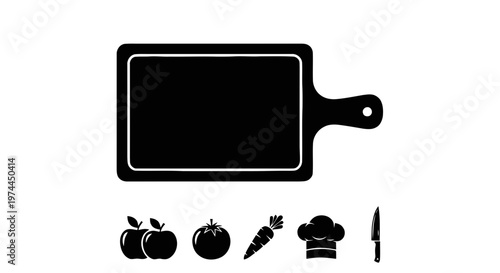 Vector illustration of cutting board with kitchen icons including fruits, vegetables, chef hat and knife on a transparent background