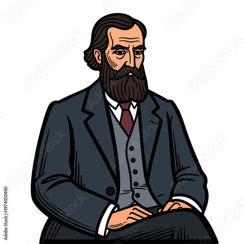 A bearded man in historical three piece attire sits formally
