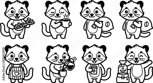 Black and white coffee ferret character playing ukulele pouring coffee and holding coffee bag vector art