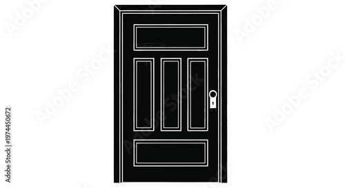 A black and white illustration of a classic paneled wooden door
