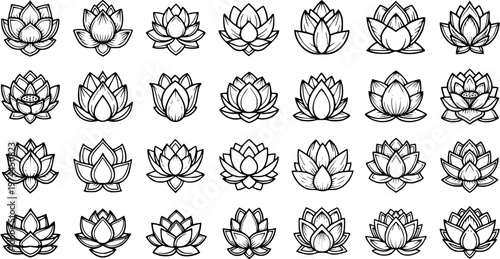Collection of Black and White Line Art Lotus Flowers for Spirituality, Wellness, and Nature Designs Elegant Vector Outline Water Lily Blossoms Set
