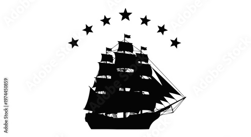 Vector illustration of silhouette of a vintage sailing ship with seven stars arranged in an arc on a transparent background