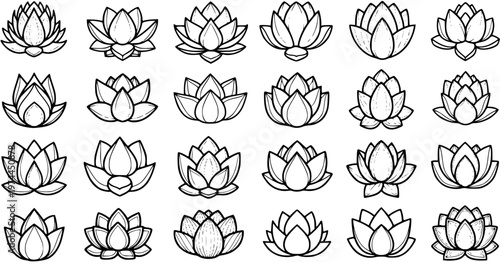 Spirituality and Wellness Lotus Flower Icons Set - Collection of Black and White Line Art Outlines for Yoga, Meditation, Nature, and Beauty Designs