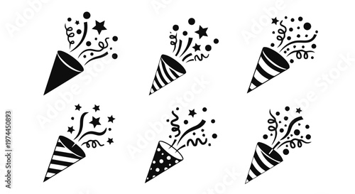 Vector illustration of set of party popper icons on a transparent background