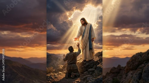 A divine and ethereal vision of Jesus Christ extending a radiant open hand toward a human figure below, warm celestial light streaming through a dramatic sunset sky, towering clouds parting to reveal