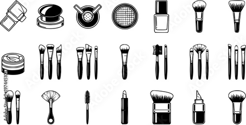 Black and White Line Art Icons of Makeup Brushes and Cosmetics for Beauty Industry