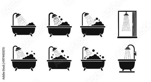 Vector illustration of set of black icons of bathtubs and showers on a transparent background