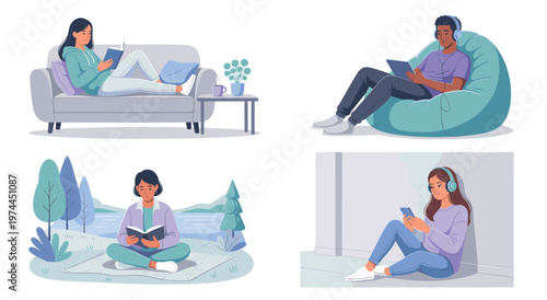 Individuals relaxing with books. Cozy indoor reading, outdoor enjoyment, tranquil settings. Quiet moments of leisure and personal time for diverse people.