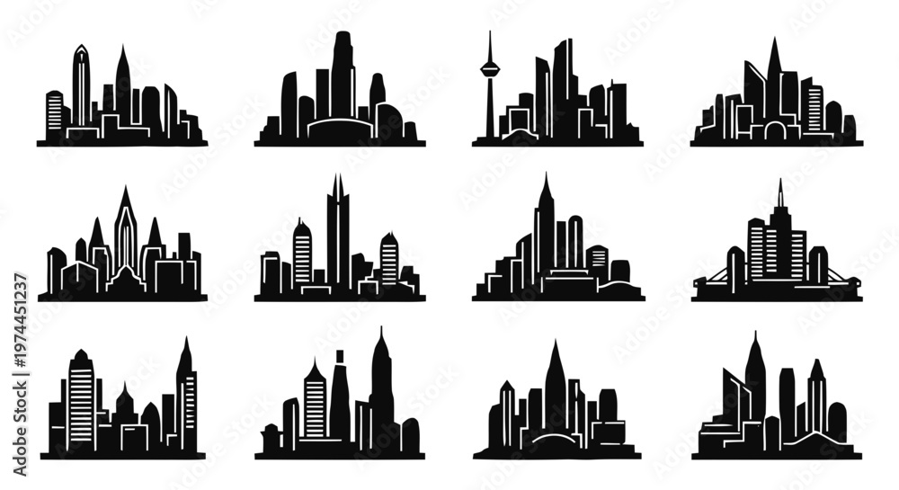 Fototapeta premium Vector illustration&nbsp;of set of city skyline silhouettes with modern skyscrapers and buildings on a transparent background