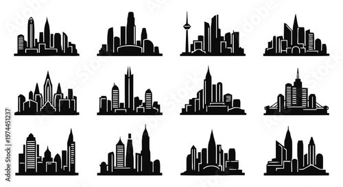 Vector illustration of set of city skyline silhouettes with modern skyscrapers and buildings on a transparent background