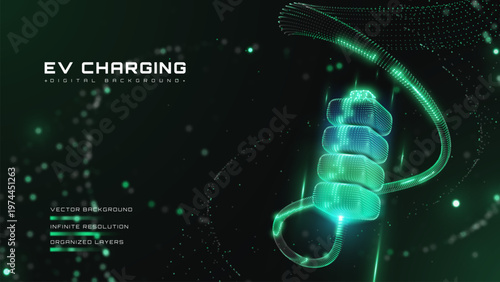 Abstract green background with ev charging battery concept. Future eco clean energy environment showing glow neon light.