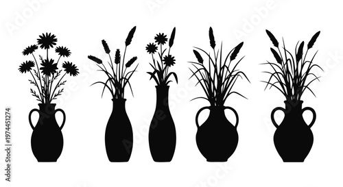 Vector illustration of set of silhouettes of flowers and plants in vases on a transparent background