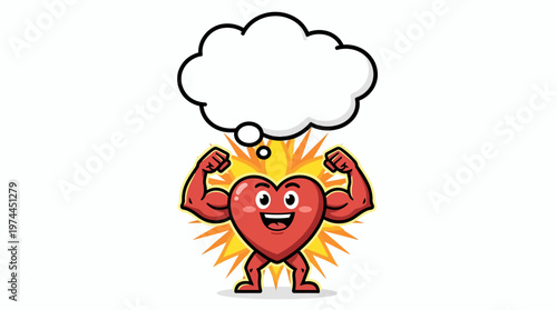 A strong, happy cartoon heart character flexing its muscles with a thought bubble above its head, symbolizing health and vitality.