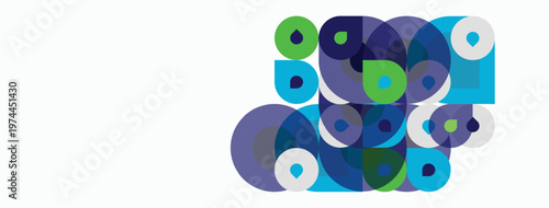 Abstract circles overlap, creating vibrant blue, green hues. Minimalist design, clean background, modern aesthetic. Composition feels dynamic, playful.