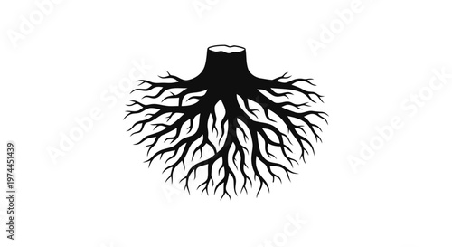 Vector illustration of tree stump with roots silhouette on a transparent background