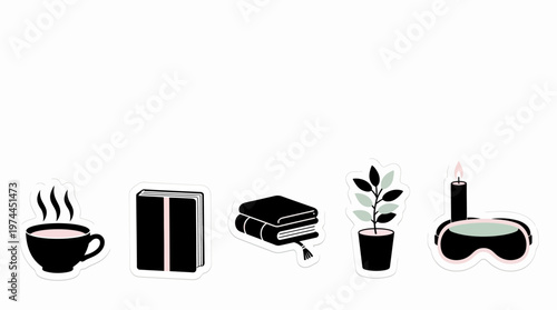 Minimalist black and white icons of cozy items including a steaming cup, books, a plant, and a candle with an eye mask, on a white background.