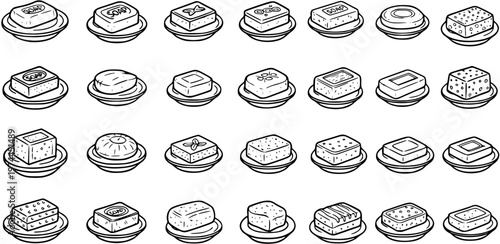 Hygiene and Personal Care Black  White Line Art Vector Icons Set of Soap Bars on Dishes for Bath and Cleansing