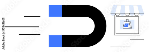 Customer retention, lead conversion, e-commerce growth, marketing strategy, online shopping, customer loyalty. A magnet attracting a storefront. Customer retention and lead conversion concept